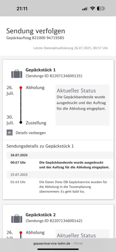 Die Statusinformation des teuren und unzuverl&auml;ssigen DB-Gep&auml;ckservice ist nichtssagend. Screenshot: HauptstadtPapa.com)